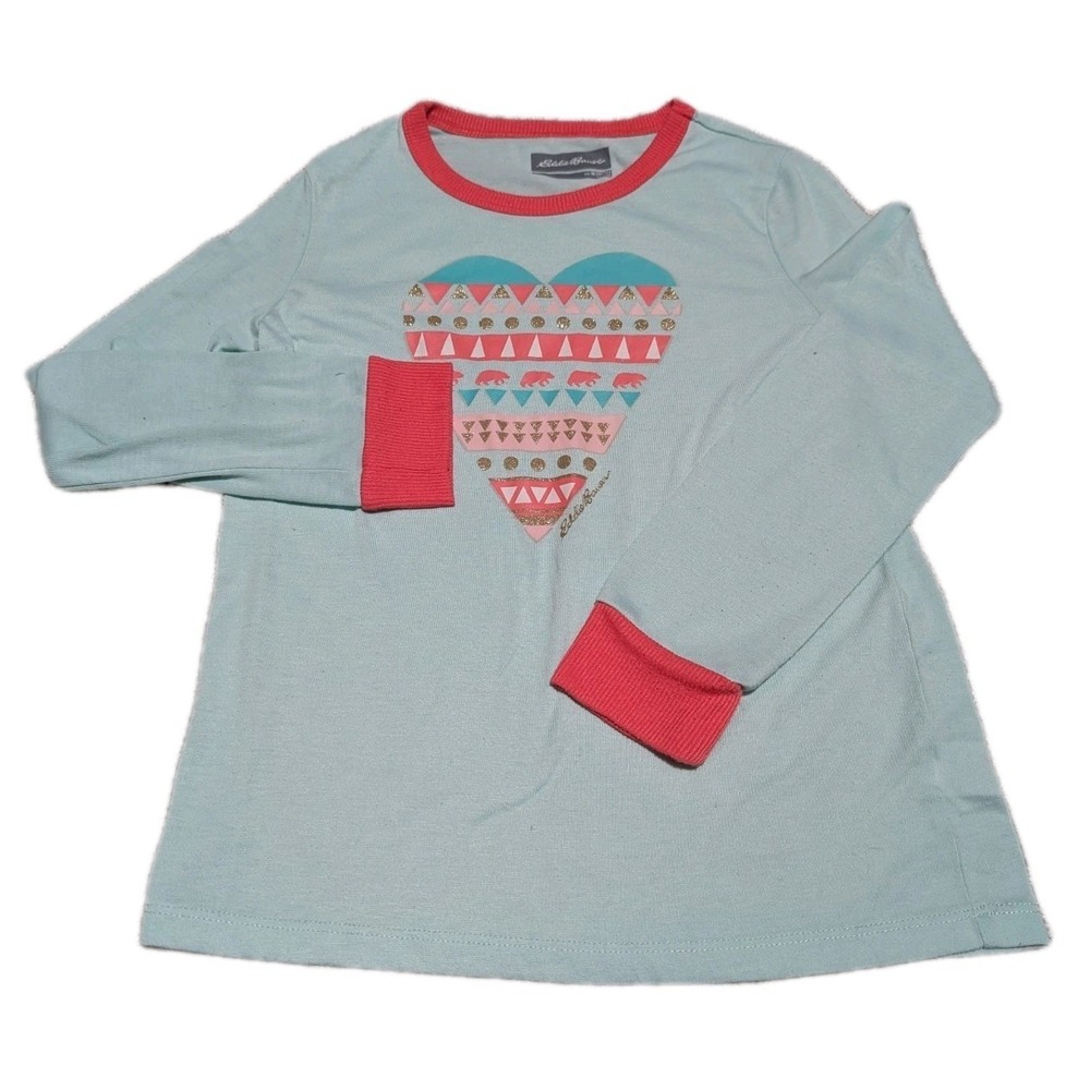 Eddie Bauer Girls Size M 10/12 Heart Graphic Long Sleeve Multicolor‎ Sleep Shirt